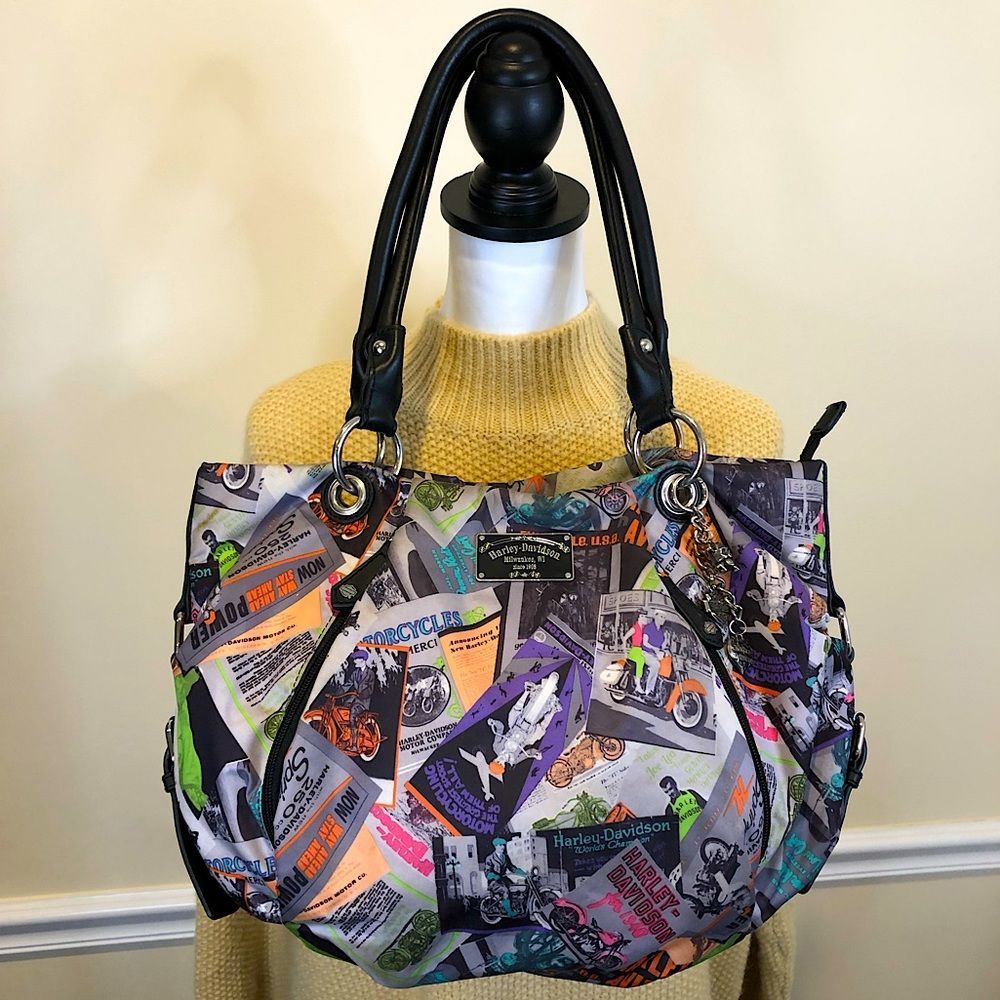 HARLEY Davidson Multicolor Black Leather Top Handle Satchel Motorcycle Graphics